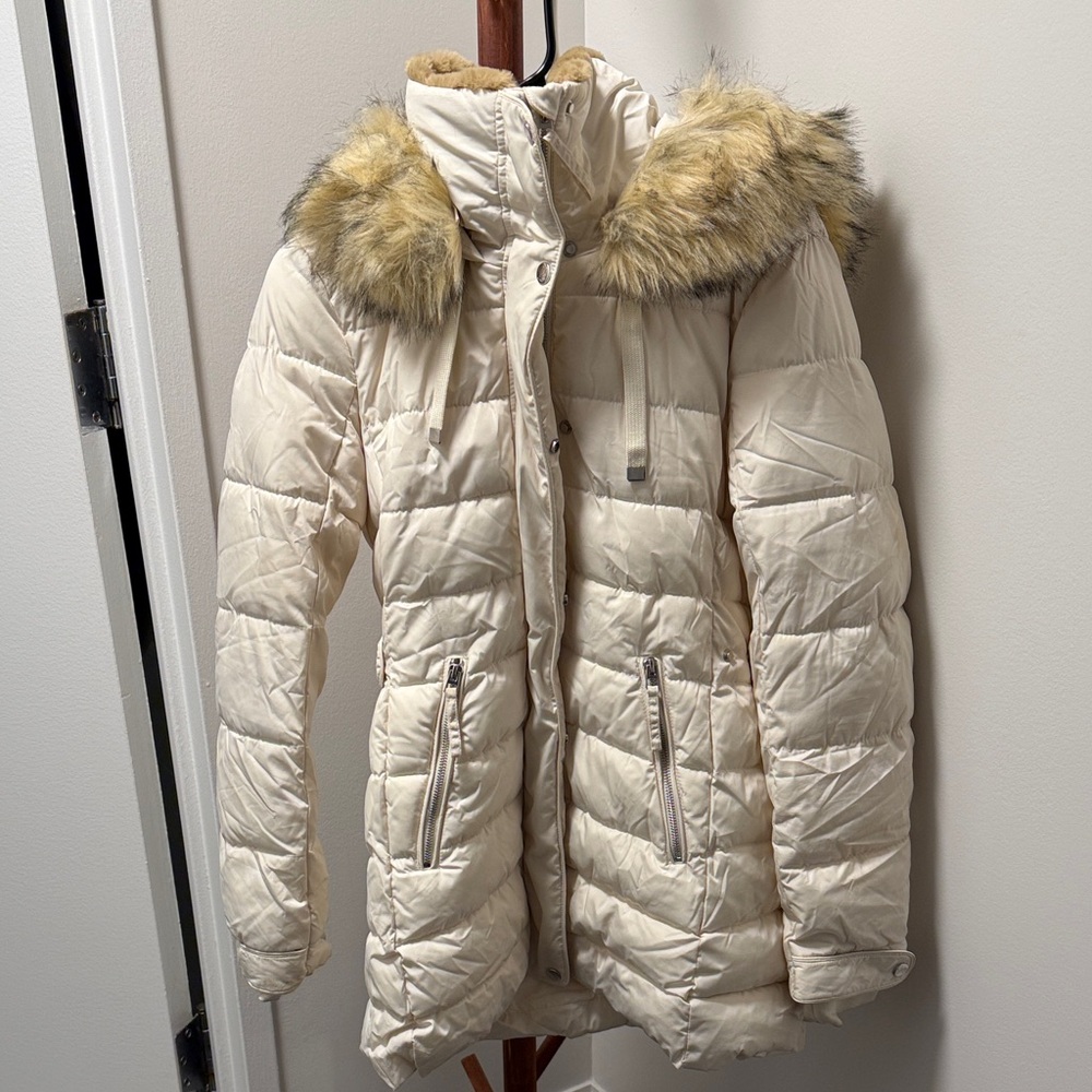 Zara Cream Puffer Jacket with Faux Fur Hood